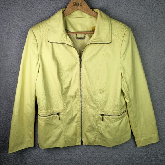 TanJay Jacket Womens 14 Bright Yellow Full Zip Faux Leather Lined Zipper Pockets - Picture 2 of 16